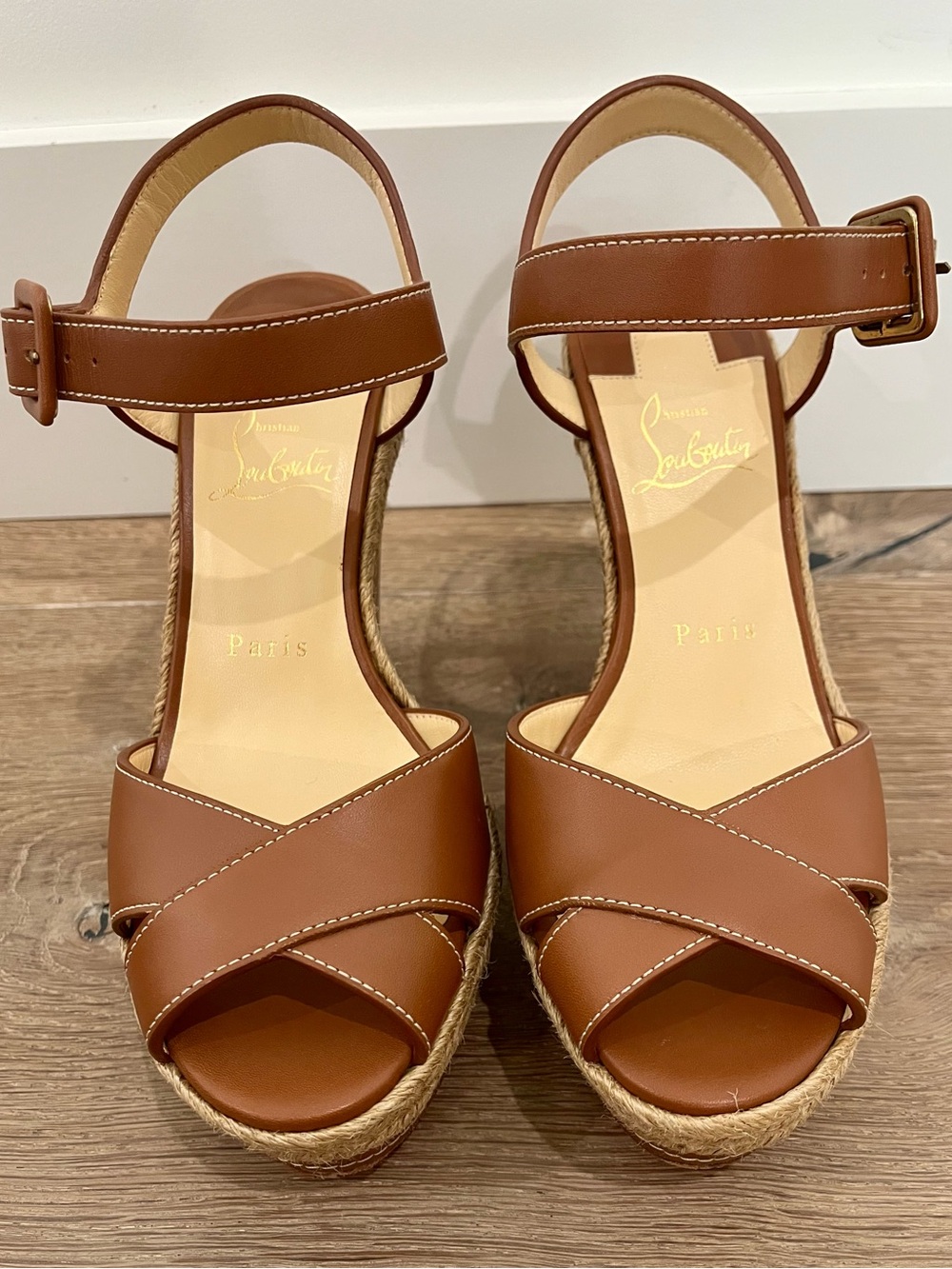 Christian Louboutin Tan Leather Espadrille Wedge Sandals